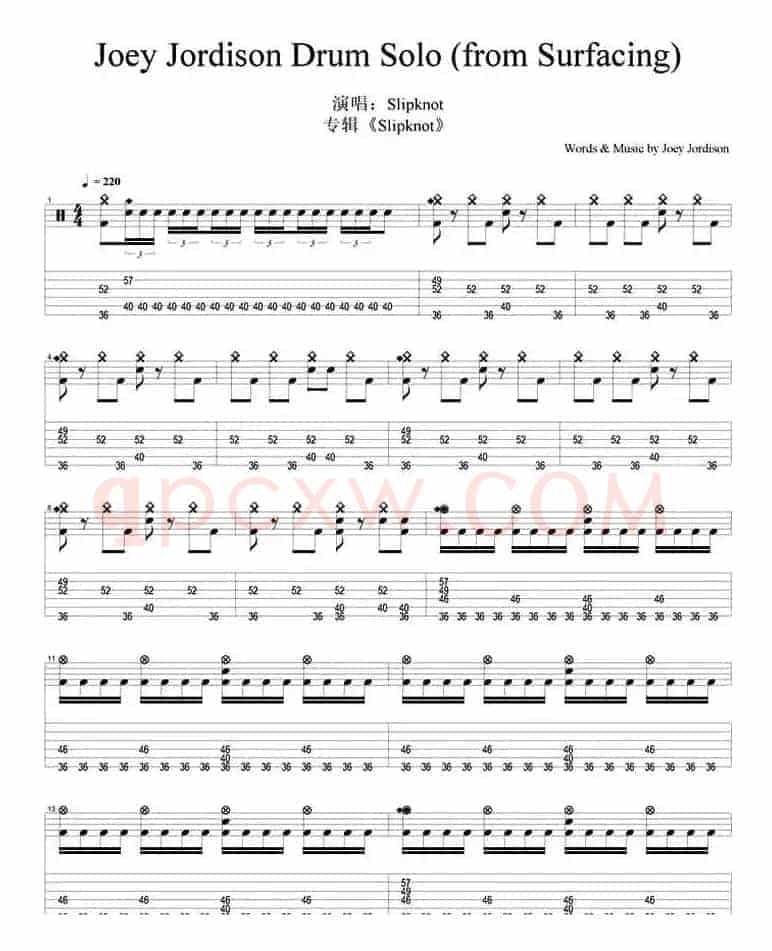 爵士鼓谱：Joey Jordison - Drum Solo（from Surfacing）