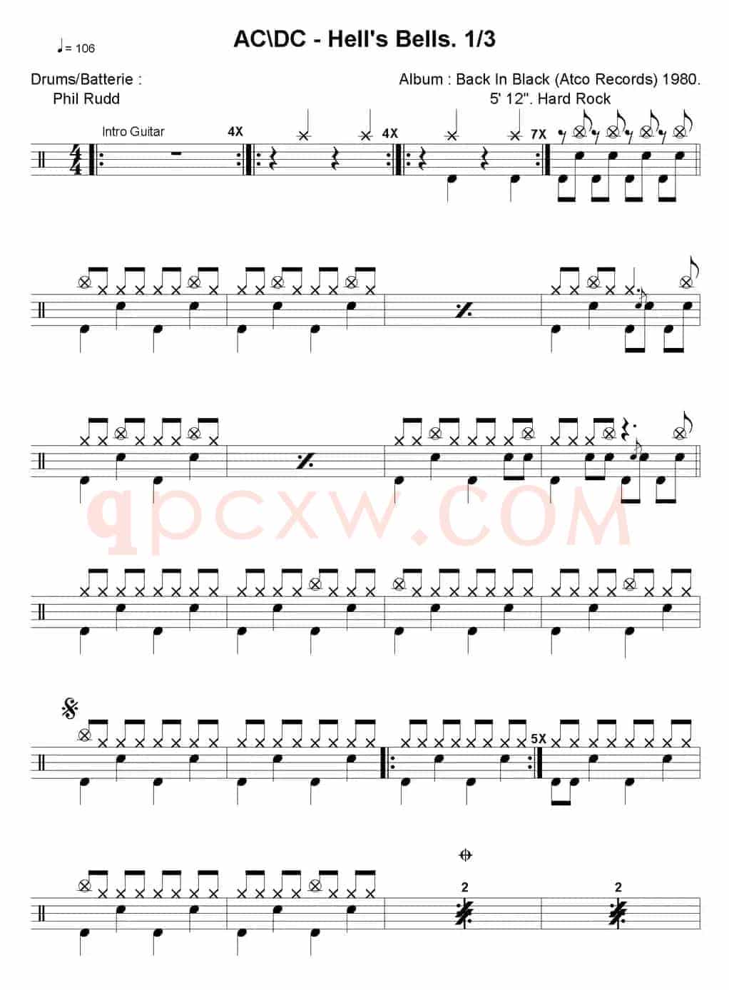 爵士鼓谱：AcDc - Hells bells