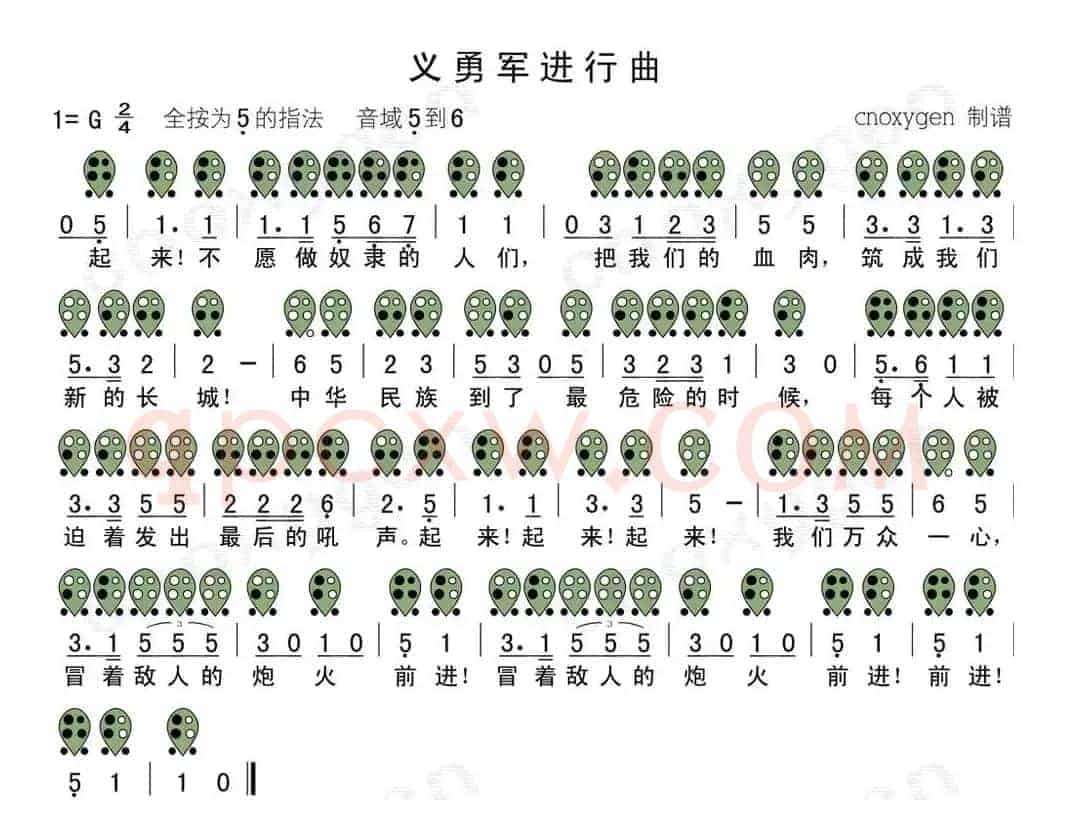 义勇军进行曲（六孔陶笛谱）
