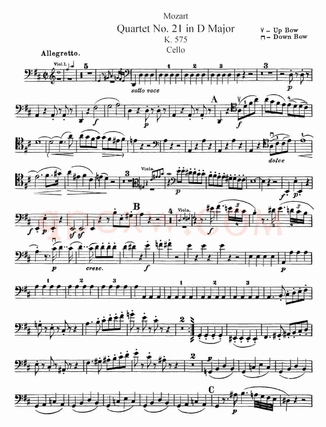 Mozart《Quartet No.21 in D Major,K.575》（Cello分谱）