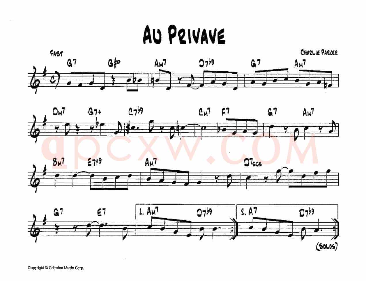 降B爵士乐谱：AU PRIVAVE