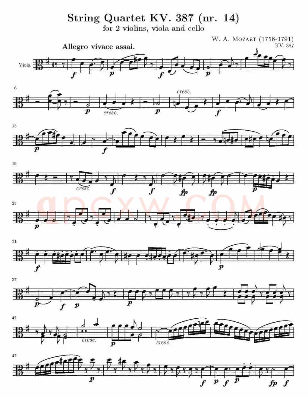 String Quartet KV.387（弦乐四重奏中提琴分谱）
